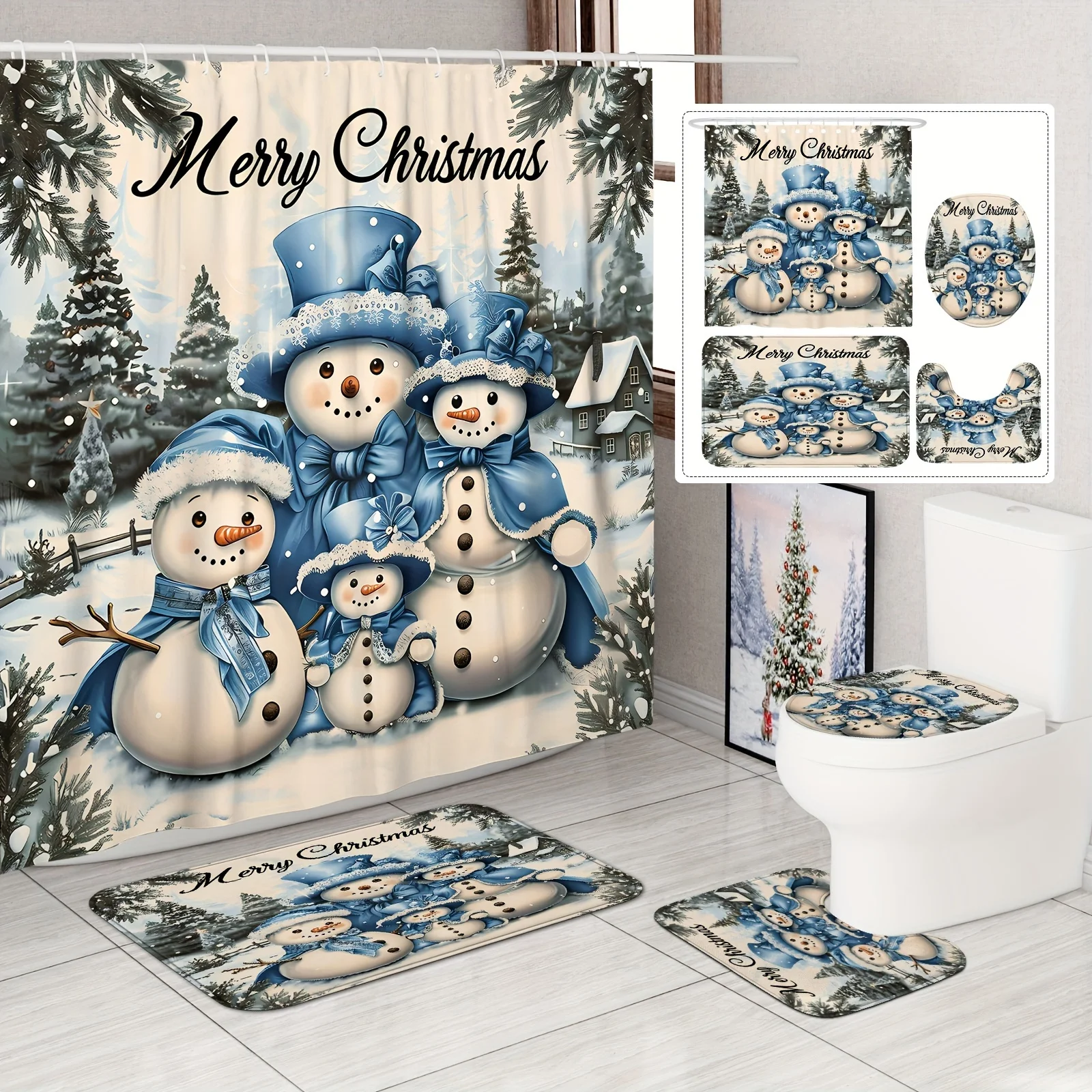

4 шт., рождественская снеговик, елка, сине-белый комплект занавесок для душа с ковриком, 12 крючков, нескользящая U-образная крышка для унитаза, рождественский декор для ванны