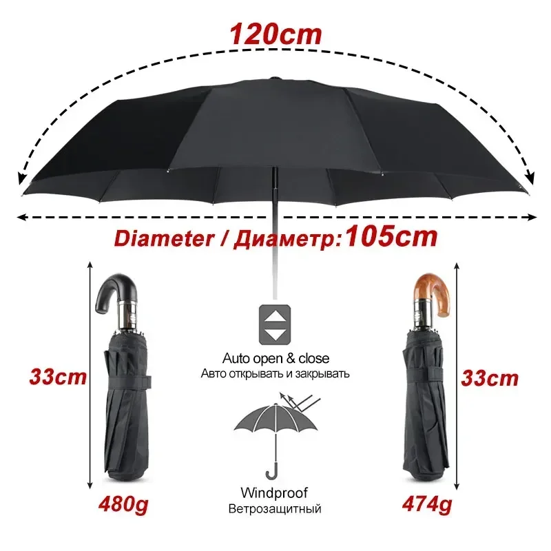 British Leather Handle Umbrella Men Automatic Business 10Ribs Strong Windproof 3 Folding Big Umbrella Rain Woman Quality Parasol