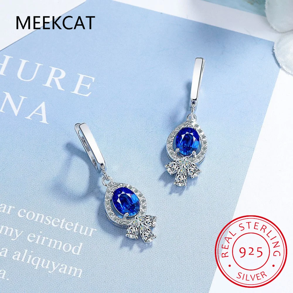 Oval Cut Created Blue Sapphire 925 Sterling Silver Water Drop Dangle Drop Earrings for Women Fine Jewelry Brincos de Prata