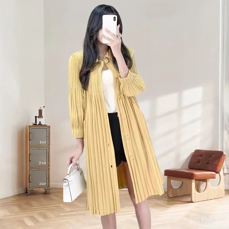 Miyake Pleated Trench Coat Japanese Shirt Women Senior Sense Light Luxury Miyake Pleated Long-sleeved Women's Tops Slimming