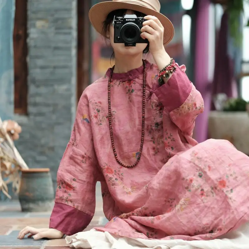 ใหม่ 2025 ฤดูใบไม้ผลิศิลปะสไตล์ผู้หญิงคอยาวแขนยาวหลวมVINTAGEปุ่มRamieดอกไม้พิมพ์คุณภาพสูงB42