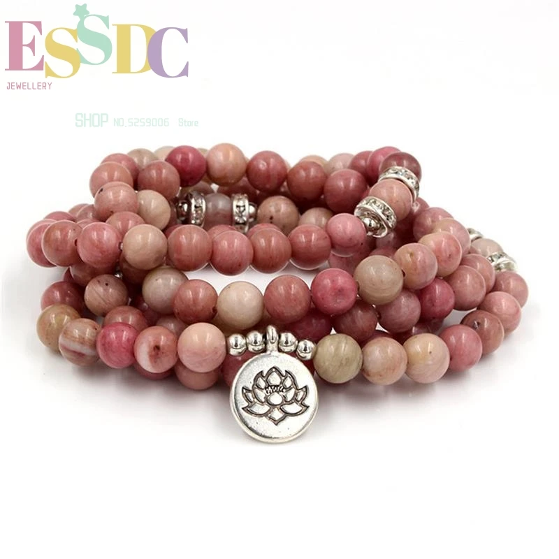 New 8mm Natural Rhodonite Women 108 Mala Stone Beads Lotus 3D Buddha Head Yoga Pendant Bracelet Healing Spiritual Gift