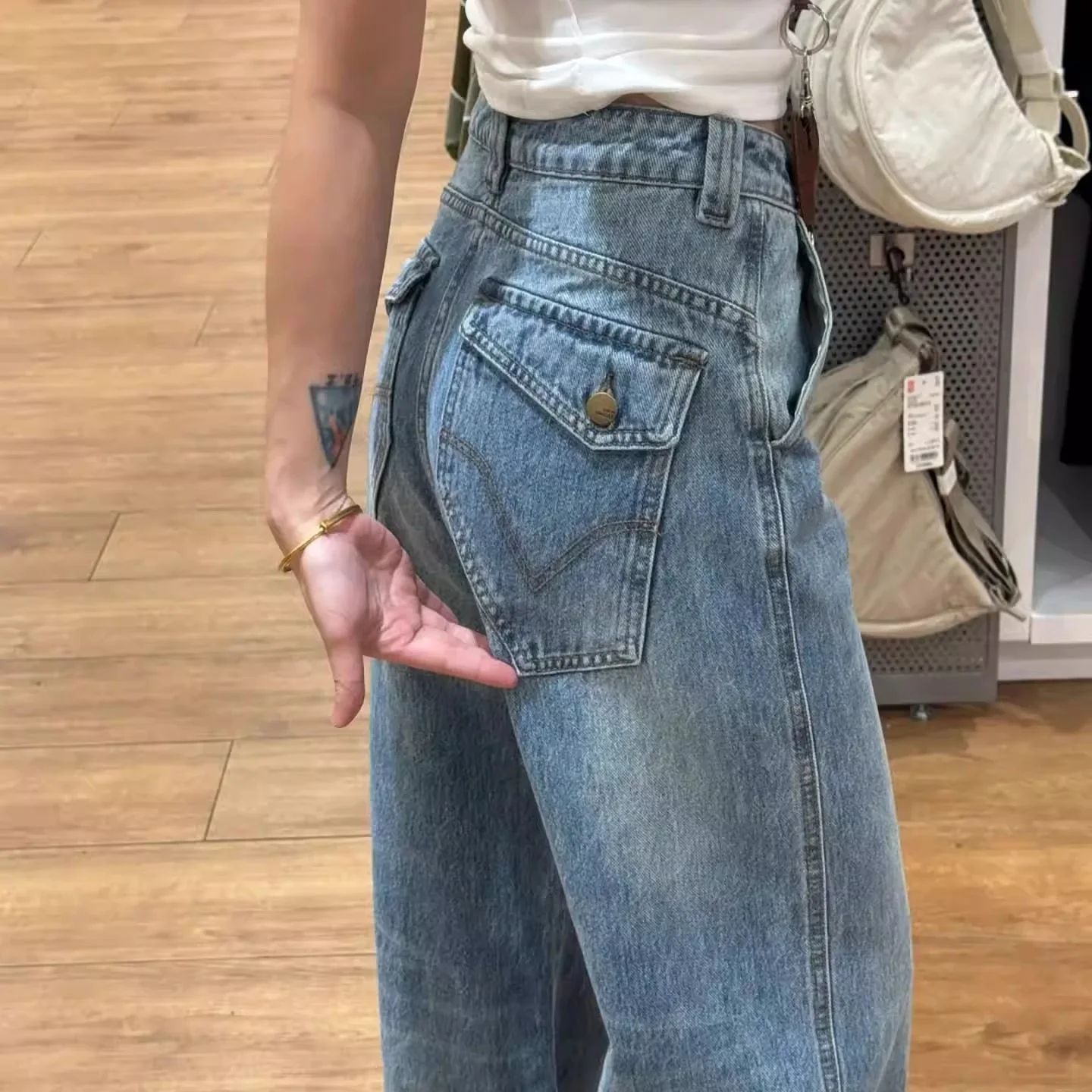 Unique Korean Design Straight Leg Wide Leg Jeans Women's American Style Spring 2026 Small Size Workwear Casual High Waist Blue