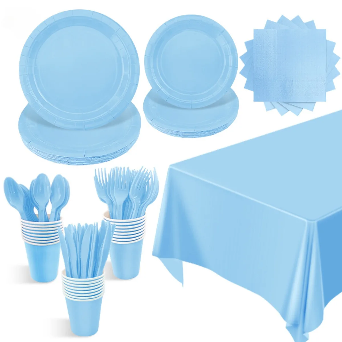 Light Blue Party Supplies Disposable Tableware Paper Napkins Cups Plates Tablecloths Straw for Birthday Wedding Party Picnic