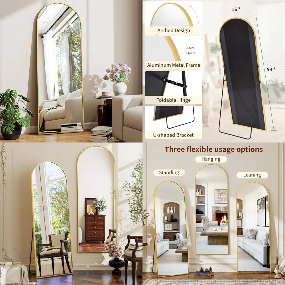 مرآة قائمة على الأرض بطول كامل مع إطار من الألومنيوم - خيارات قابلة للتركيب على الحائط أو الميل أو المعلقة لديكور المنزل
