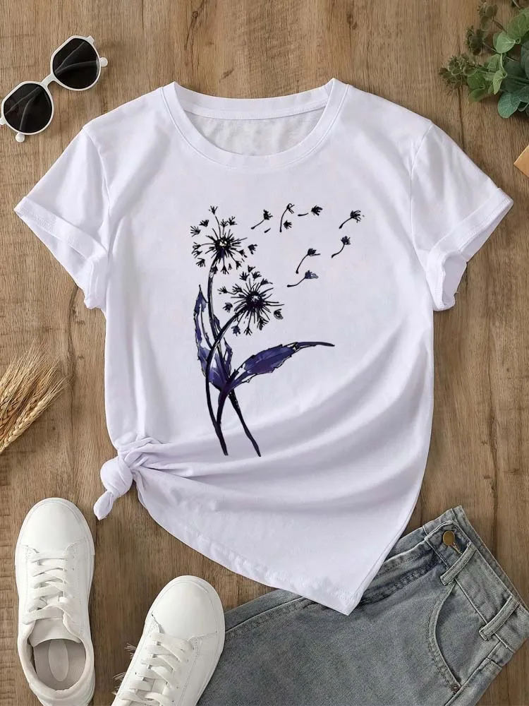 

Fashion Vintage Dandelion Print Women T Shirt Casual Short Sleeves Female Top Tshirts Cartoon Graphic Lady Tee Personality Y2K