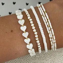 6pcs Set Of Delicate White Bead Heart & Shell Handmade Beaded Elastic Multi-Layer Bracelets For Valentine's gift B082