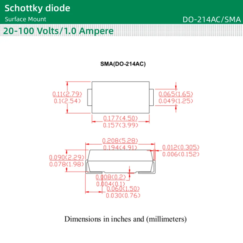 50pcs/lot Schottky diode DO-214AC/SMA package SS12 SS13 SS14 SS15 SS16 SS18 SS19 SS110 Surface Mount 20-100 Volts 1.0 Ampere