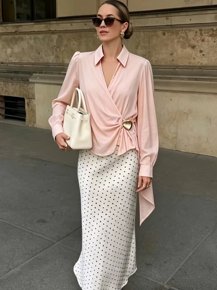 Damen Langarm-Bluse mit Bindedetail Vorne, Gerüschtes Hemd-Oberteil, Elegante Einfarbige Halbtransparente Sommer-Bluse mit V-Ausschnitt, Modisches Damen-Outfit