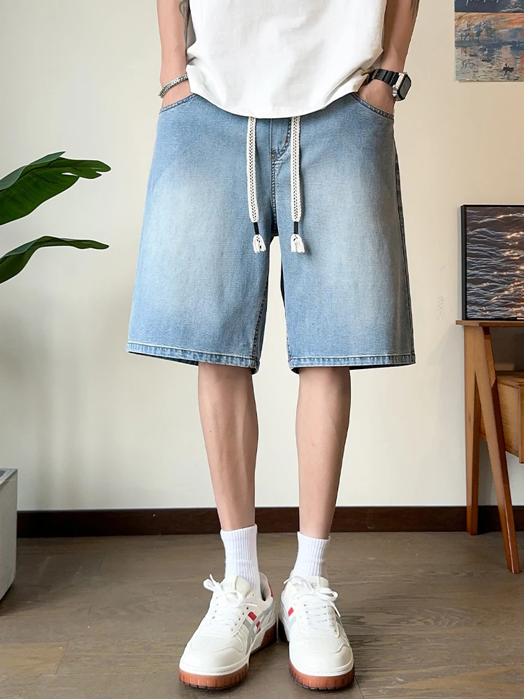 

New 2026 Men's Summer Thin Ice Silk Denim orts Loose Straight Leg Wide Leg Sport Five-Quarter Pants Faionable American Brand