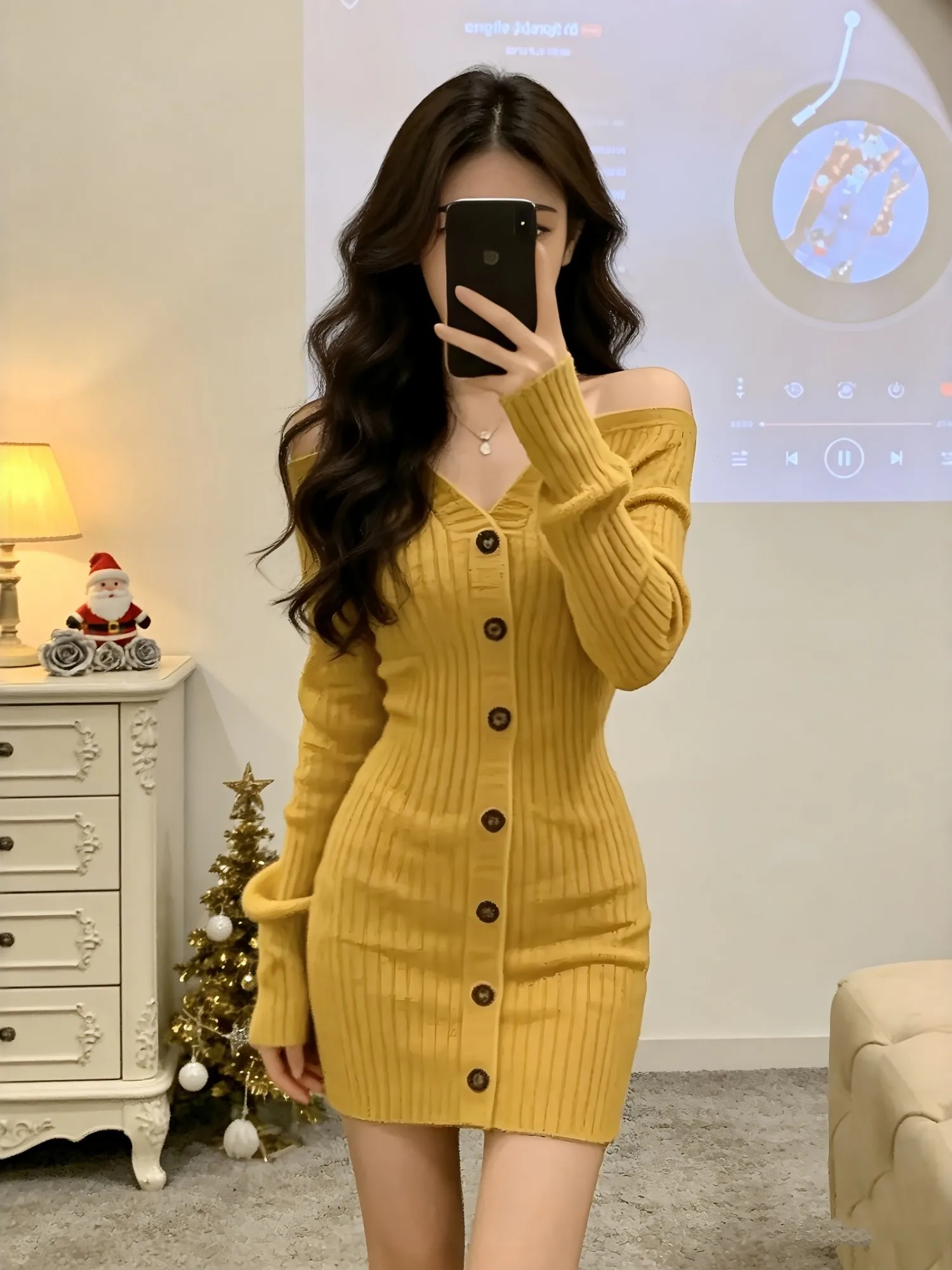 

Ele Knitted One-oulder Single-Bule Dr Women's Faionable Slimming Wraparound Skirt Long Sve V-Ne Ciwalk Su...