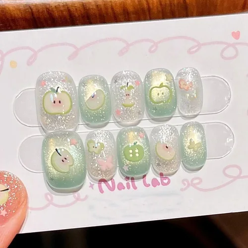 10 Uds. De puntas de uñas postizas hechas a mano, decoración romántica corta para niñas, parche para uñas postizas desmontable, prensa de almendra en las uñas