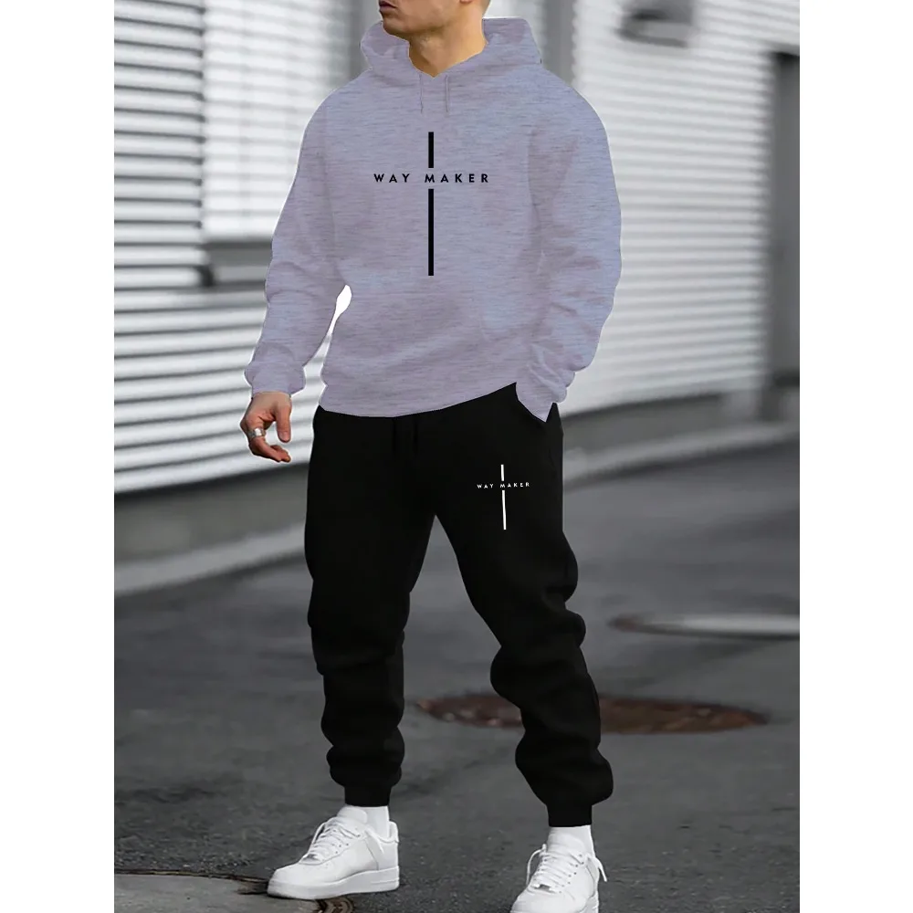 Cozy Fleece-Lined Hoodie & Sweatpants Set for Men - Trendy Print, Casual Fall/Winter Outfit