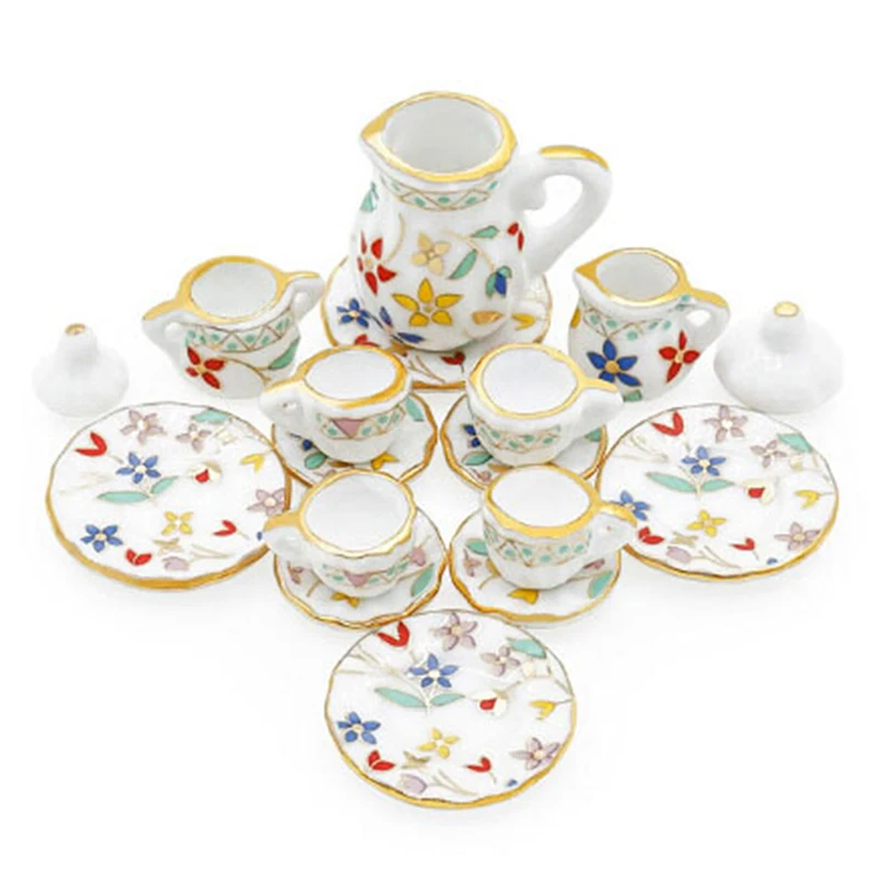 15Pcs 1:12 Dollhouse Miniature Tableware Porcelain Ceramic Tea Cups Set Toys