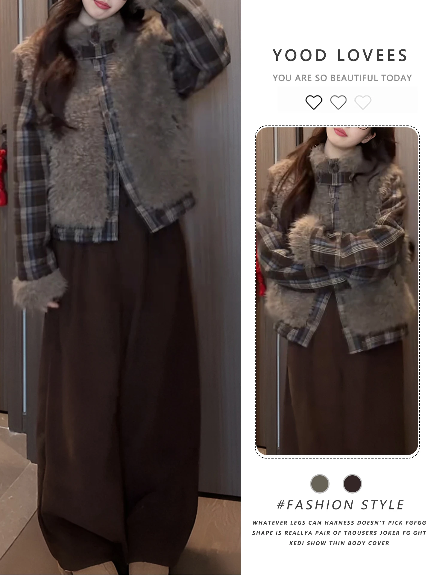 

Winter Chic Lazy Style Faux Fur Jacket High Waist Wide Leg Pants Women's Outfit Set Korean Fashion Retro Patchwork Coat