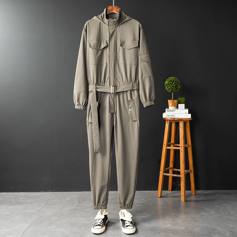 

Trendy Long Sve One-Piece Suit for Men Casual Spring Autumn Workwear Trousers with Dstring Hood Youth Faion