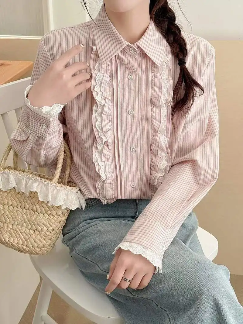 قميص قطني جديد لخريف 2025 بأكمام طويلة ، بلوزة نسائية مخططة بياقة مقلوبة ، بلوزة فضفاضة حلوة للتنقل من Mori Girl T59876CC #6