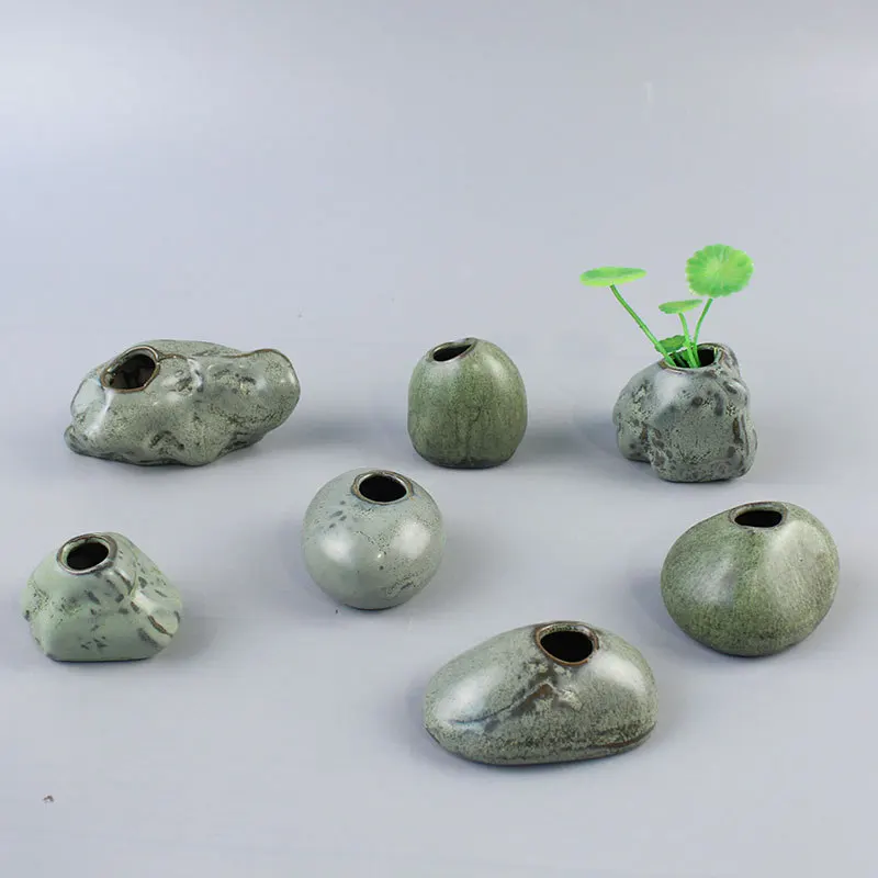 Multi Shape Zen Ceramic Mini Stone Vase, Hydroponic Small Flower Pot for Green Plants, Home Table Decor Ornament