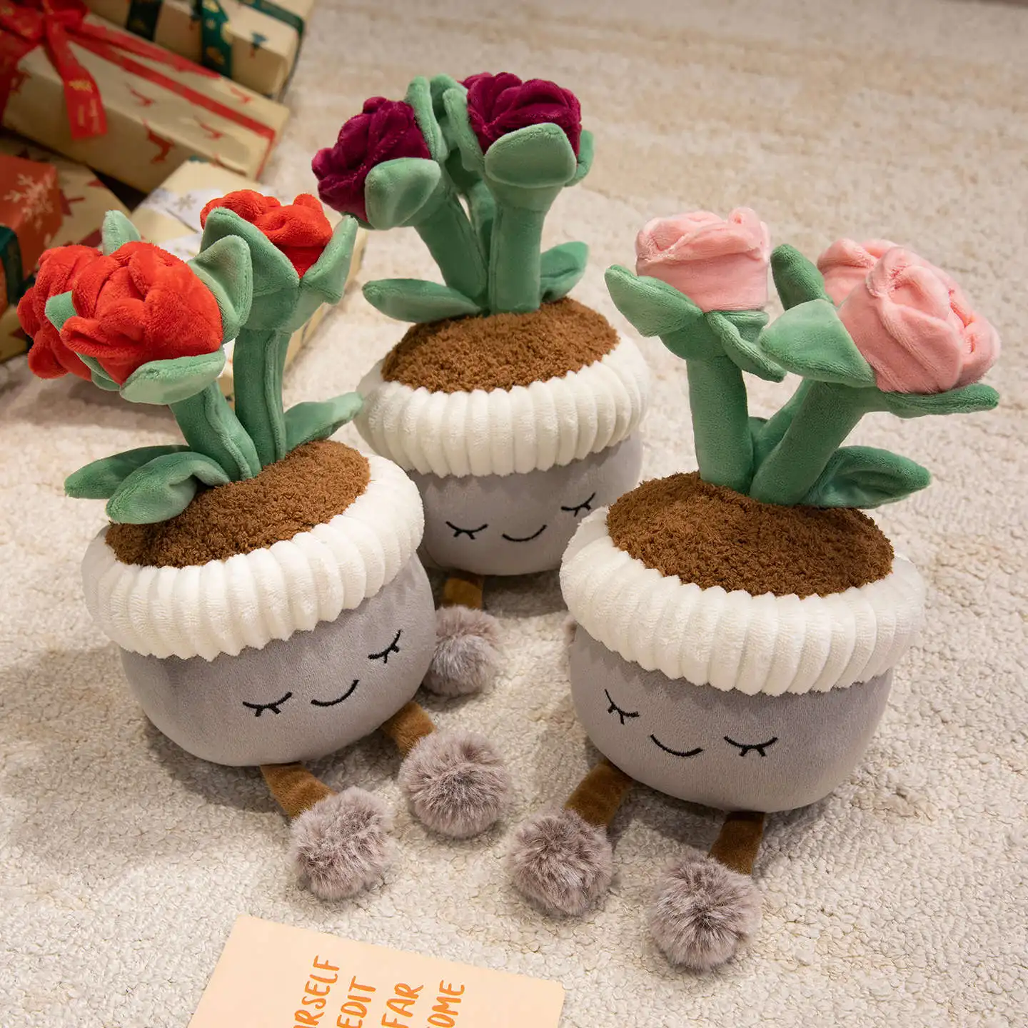 Potted Roses Plushie Stuffed Smiling Face Flower Plant with Legs Pink Red Decoration for Home Office Gift