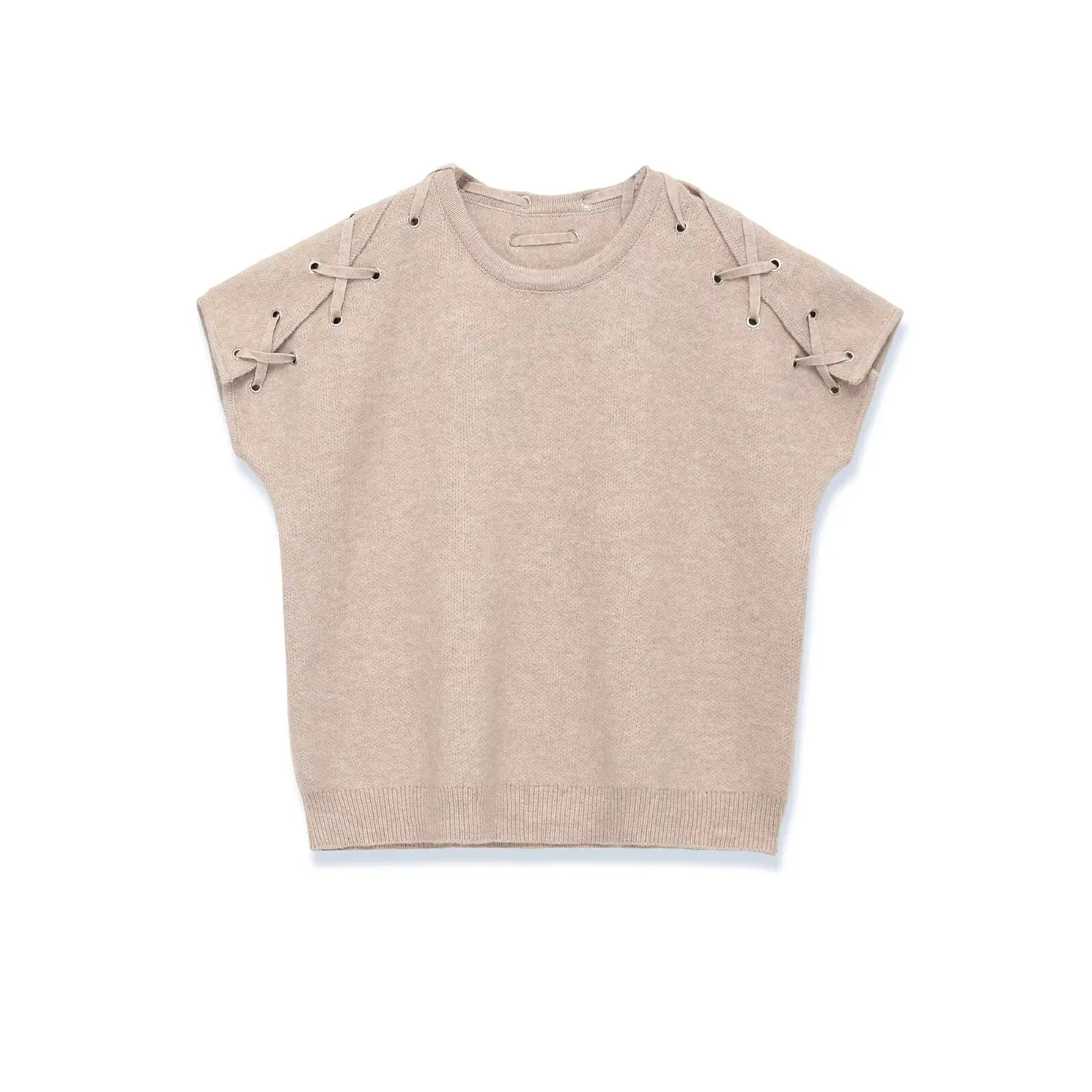 

WOMAN 2026 Summer New Fashion Short-sleeved shoulder detail Knitted Vest Sweater Retro O Neck Casual Female Waistcoat Chic Tops