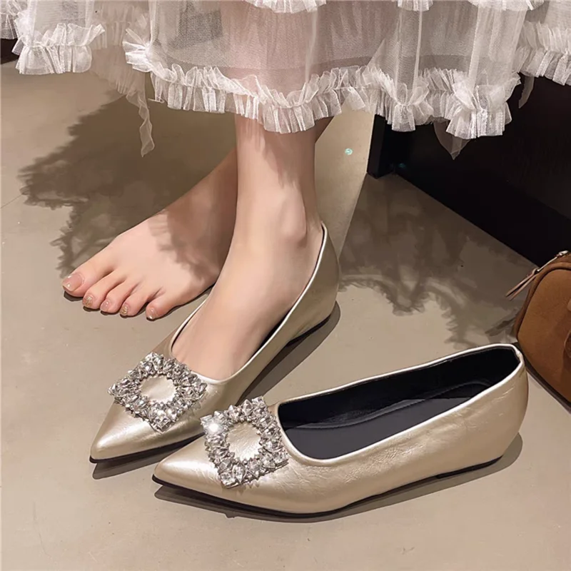 French Temperament Pointed Toe Rhinestone Single Shoes Women's 2025 Summer Silver