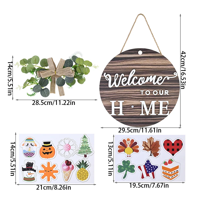 Welcome To Our Home Interchangeable Welcome Sign Plaques Door Decoration Rustic Round Wood Wreath Wall Door Hanging Ornaments