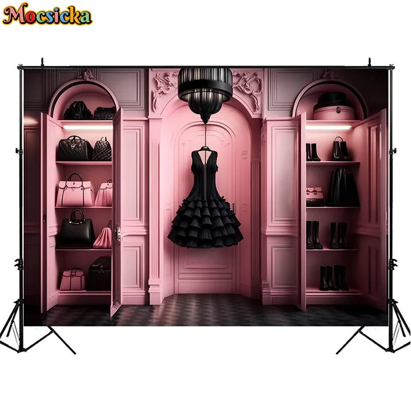 Pink Dream Closet Photography Backdrop Fashion Doll Vanity Mirror Dress High Heel Decor Kids Girl Birthday Cake Smash Background