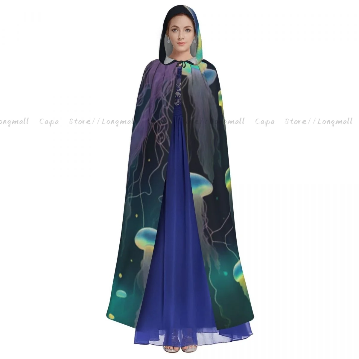 Neon Colorful Jellyfish Cloak Hooded Cosplay Costume Halloween Adult Long Party Cape