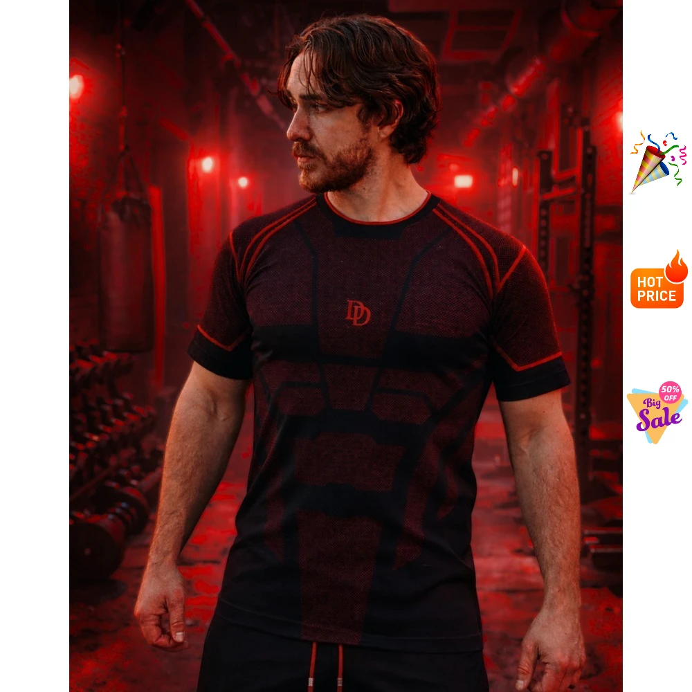 Daredevil Men's Seamless Tight T-shirt with Red and Black Splicing, Quick Drying Gym Exercise Short Sleeve Sports Training Top