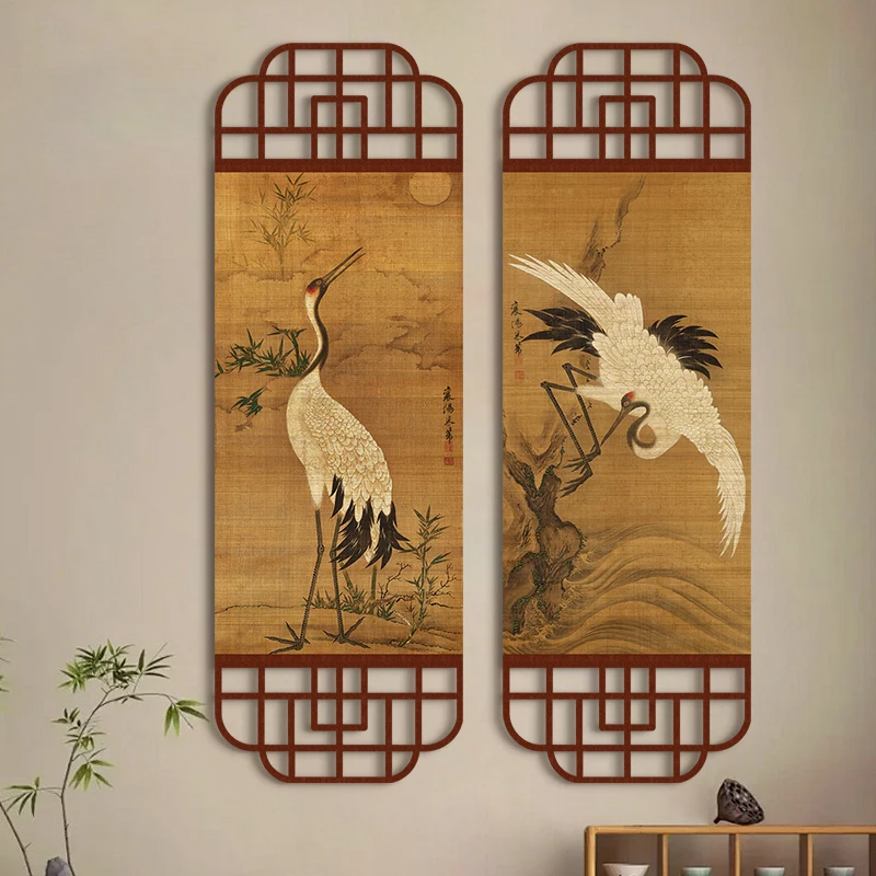 Japanese Zen Wall Art, Pine Crane Scroll Painting, Bamboo Blind Hanging Decor for Living Room Tea Room Entryway Home Wall Decor