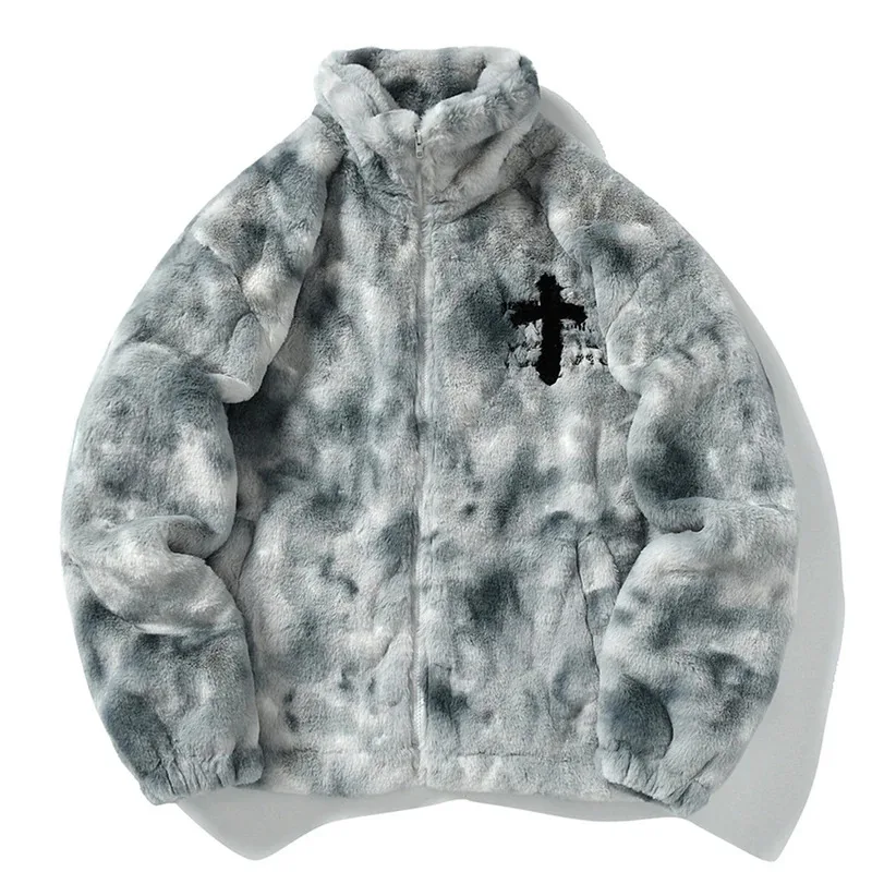 Streetwear Vintage Fleece Jacket Cross Embroidery Oversized Casual Fluffy Fuzzy Zipper Coat Harajuku Hip Hop Men Jackets 2023
