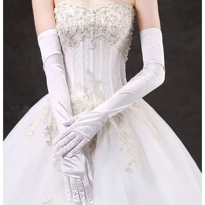 Black Satin Velvet Long Full Finger Gloves, Retro Hepburn Style Bridal Gloves, Stretch Spandex Gloves for Evening Wedding Party
