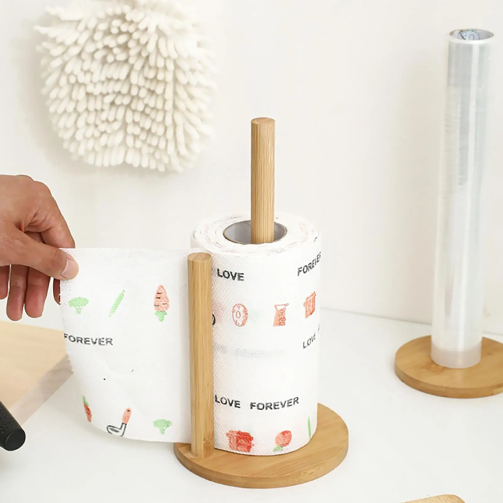 Wooden Paper Towel Holder Anti-Skid Base Standing Paper Roll Holder Lazy Cleaning Cloth Holders for Paper Towels