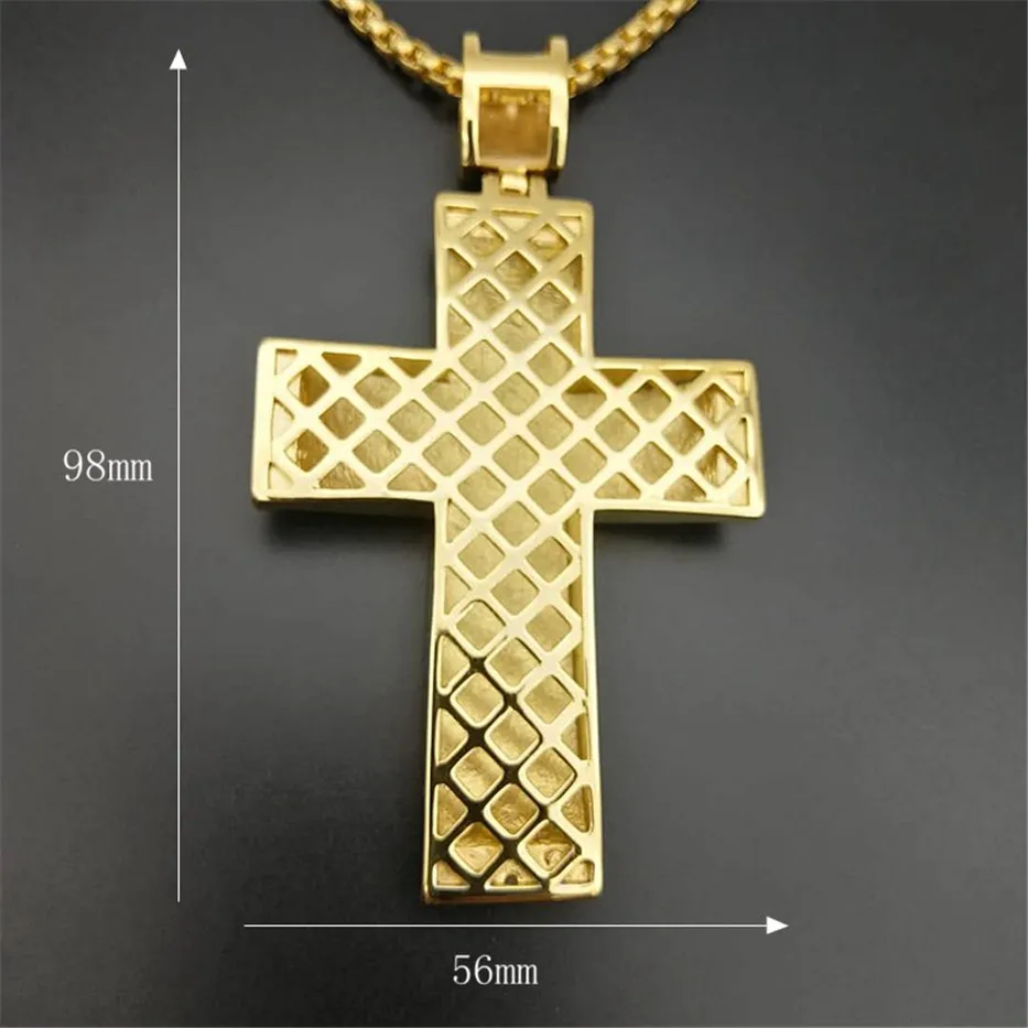 Hip Hop Iced Out Big Cross Pendant Necklace For Men Gold Color Stainless Steel Rhinestone Necklace Hiphop Christian Jewelry