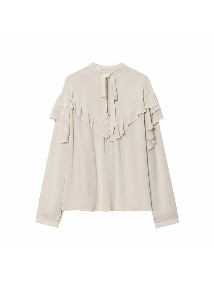 

Women Autumn Winter New Women New Chiffon Shirt Ruffle Decoration Beige Half High Collar Front Pleated Bow Long Sleeve Shirt Top