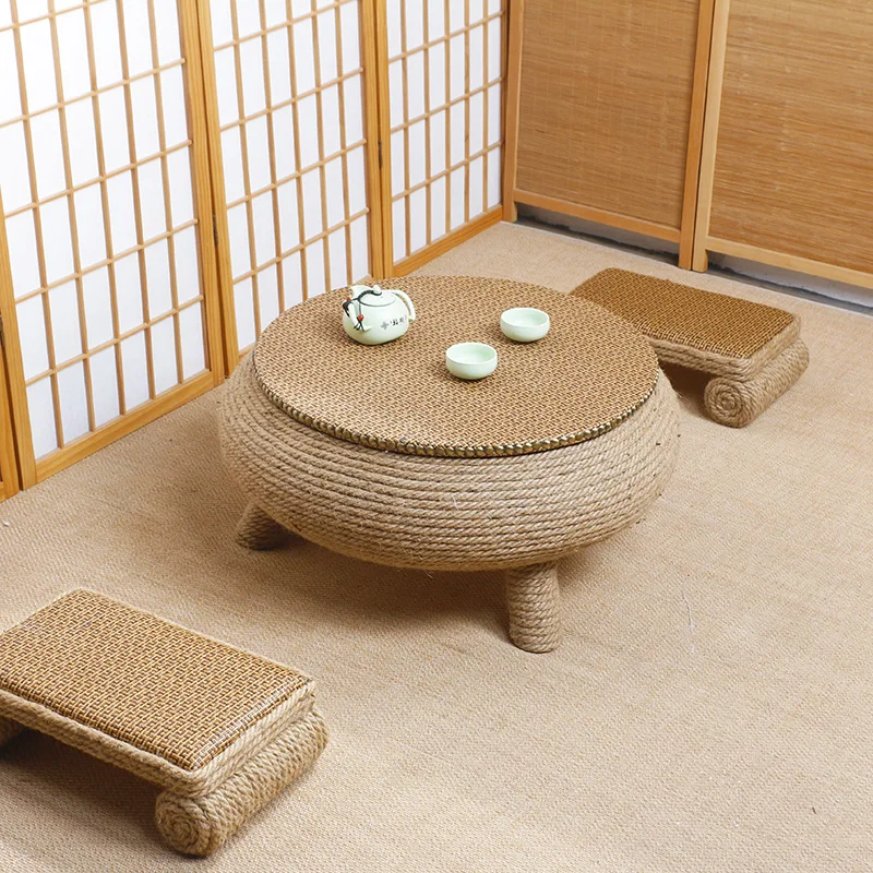 

Hemp rope tatami tea table, kang table, balcony, floor, small tea table, Chinese family, round low tea table, kang table