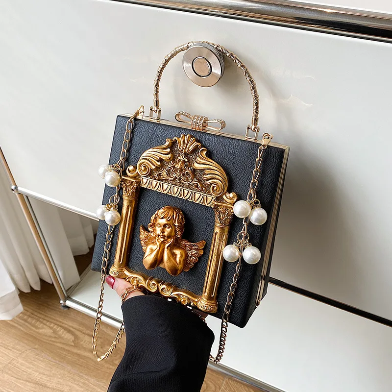 Women Gothic Retro Angel Hardcase Evening Bag 3D Relief Ornament Pearl Decor Metal Handle Detachable Chain Shoulder Bag