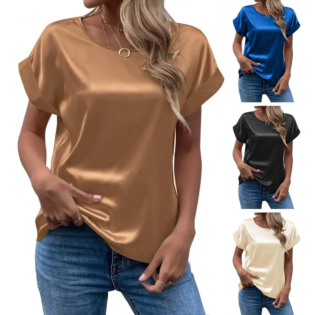 

Women Summer Minimalist Shirt 2026 Elegant Women's Satin Short Sleeved O Neck Casual Fitting Office Shirt Business Outfits