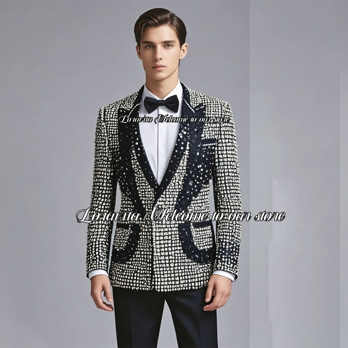 Sparkly Beaded Crystals Men Suits Formal Male Prom Blazers 2 Pieces Sets Peaked Lapel Groom Wedding Tuxedos trajes para hombre