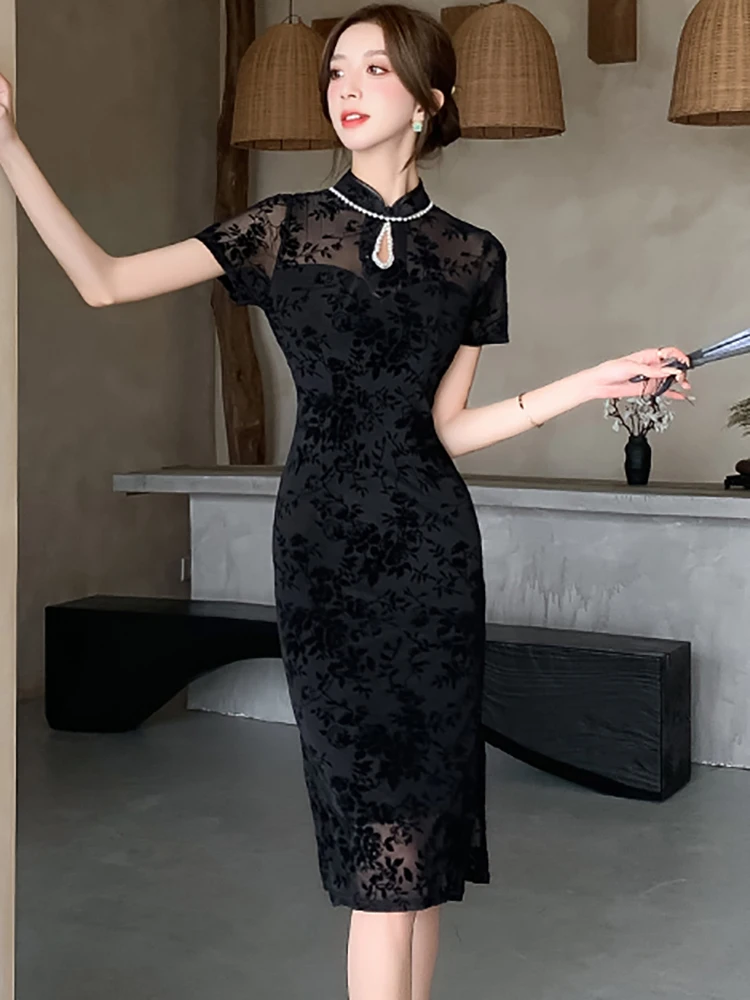 Black Jacquard Patchwork Lace Sheer Sexy Dress for Women 2024 Korean Vintage Diamonds Luxury Dress Summer Elegant Bodycon Dress