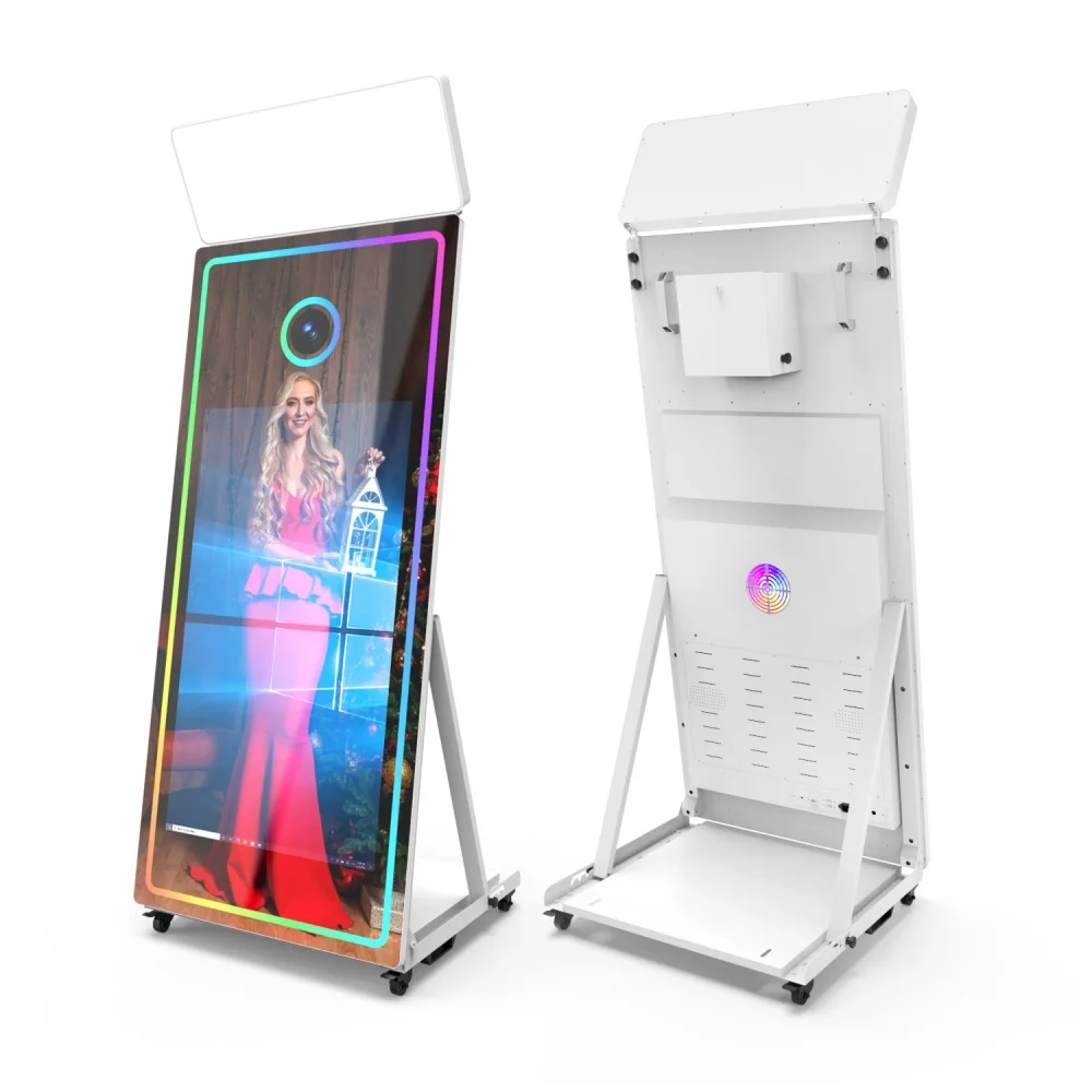 Color blanco Hot Shots Selfie Photo Booth Nuevos productos 65 pulgadas Free Standing Media Social Mirror Photo Booth para Renta comercial