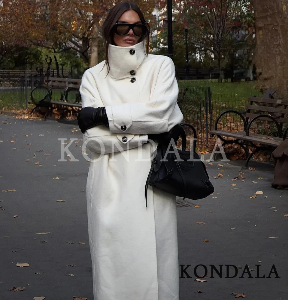 

KONDALA Trendy Stand-up Collar Long Coat Women High Street Elegant Beige Blended Coat 2026 Fall Winter Fashion Commute Long Coat