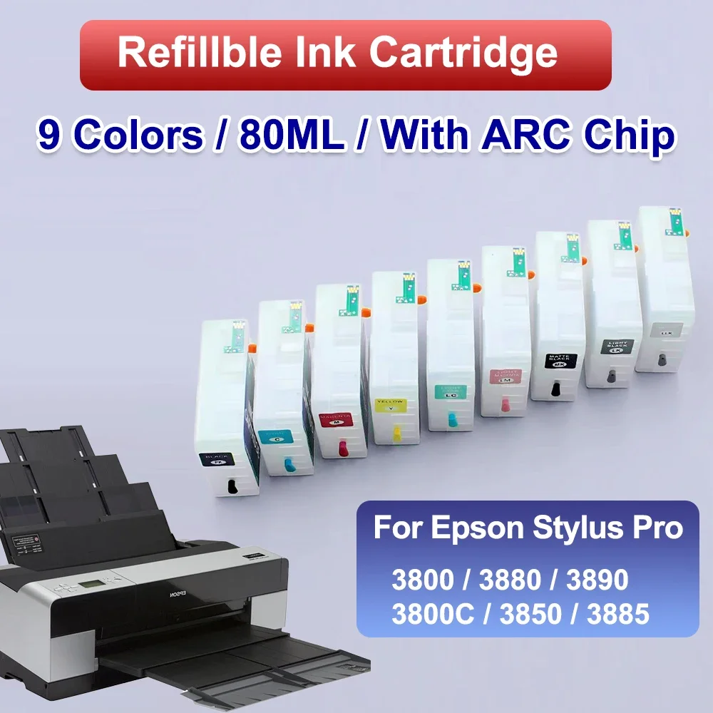 9 Color 80ML Refillable Ink Cartridge with Permanent Chip Sensor For Epson Stylus Pro 3800 3880 3890 3800C 3850 3885 No Ink