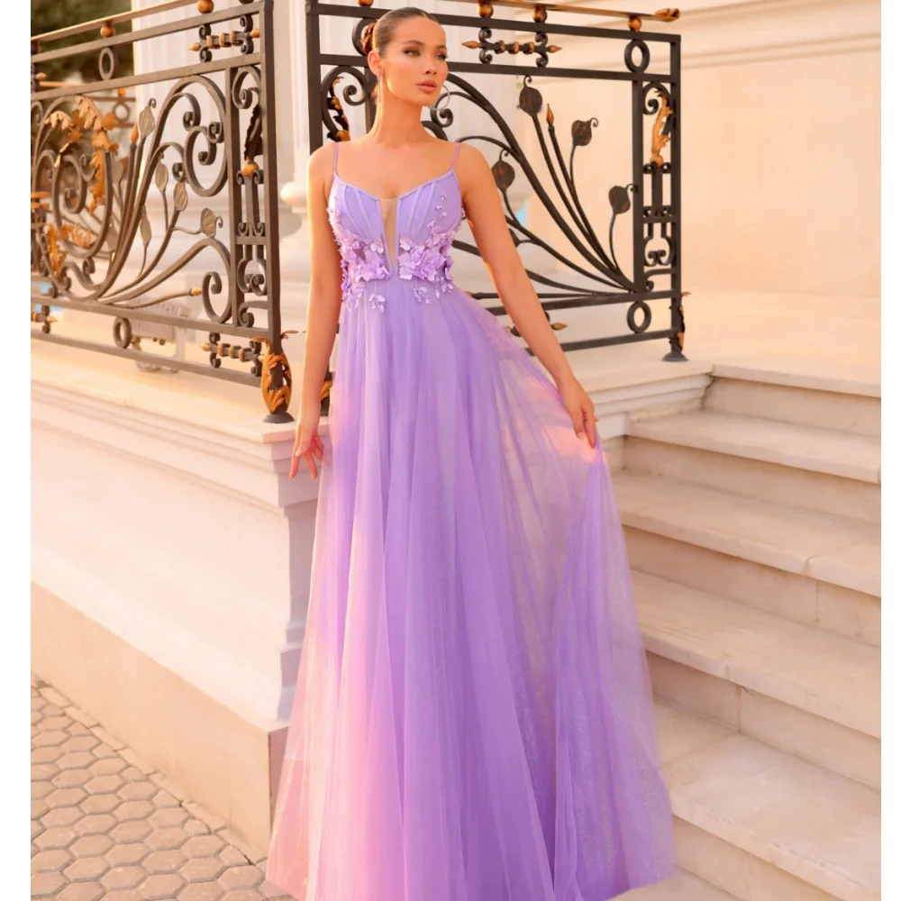 

Illusion Purple Prom Dresseses Women A Line V Neck Evening Dress Flroal Appliques Graduation Customized New Tulle Party Gowns