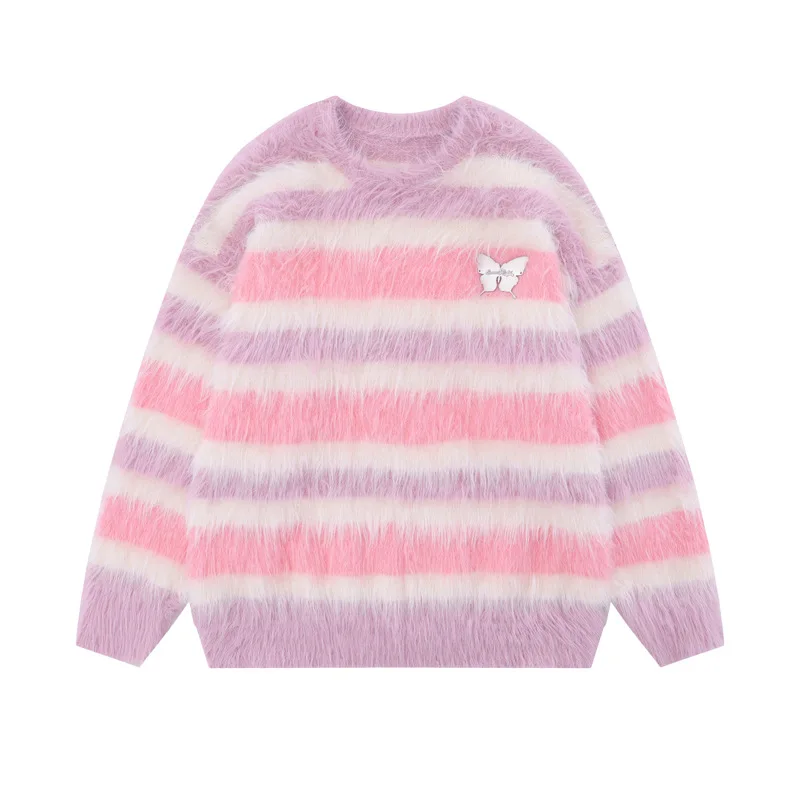 

China-Chic Soft Waxy Sweet Style Color Contrast Stripe Round Neck Sweaters for Men and Women Street Loose Couple Knits