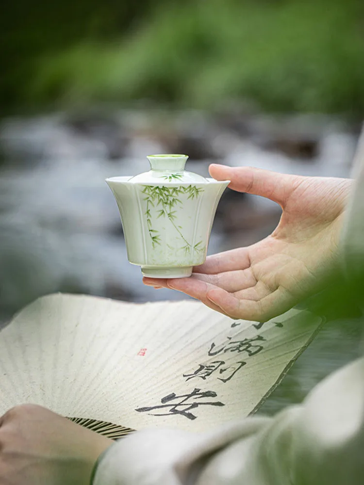 Small Green Hand Painted Bamboo Ceramic Cover Teacup Kung Fu Tea Set Household Chinese Style Rock Brewing Bowl