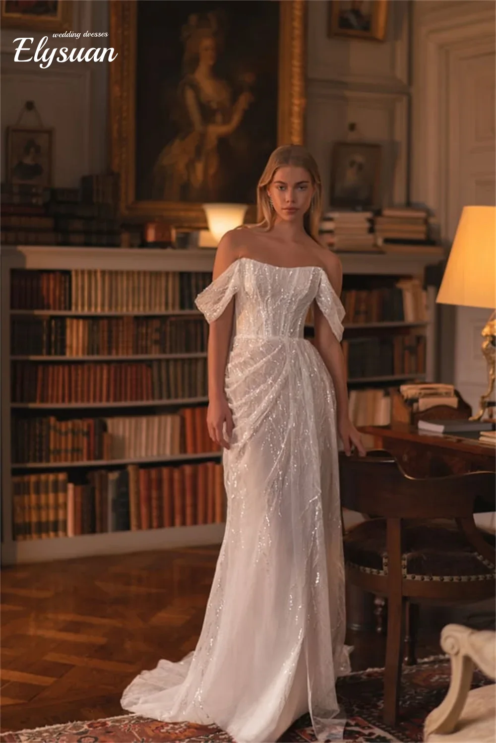 

Customized Elegant Sequined Lace Long WeddingDress Charming Strapless Bridal Gown Off Shoulder Dress For Bride Vestidos de novia