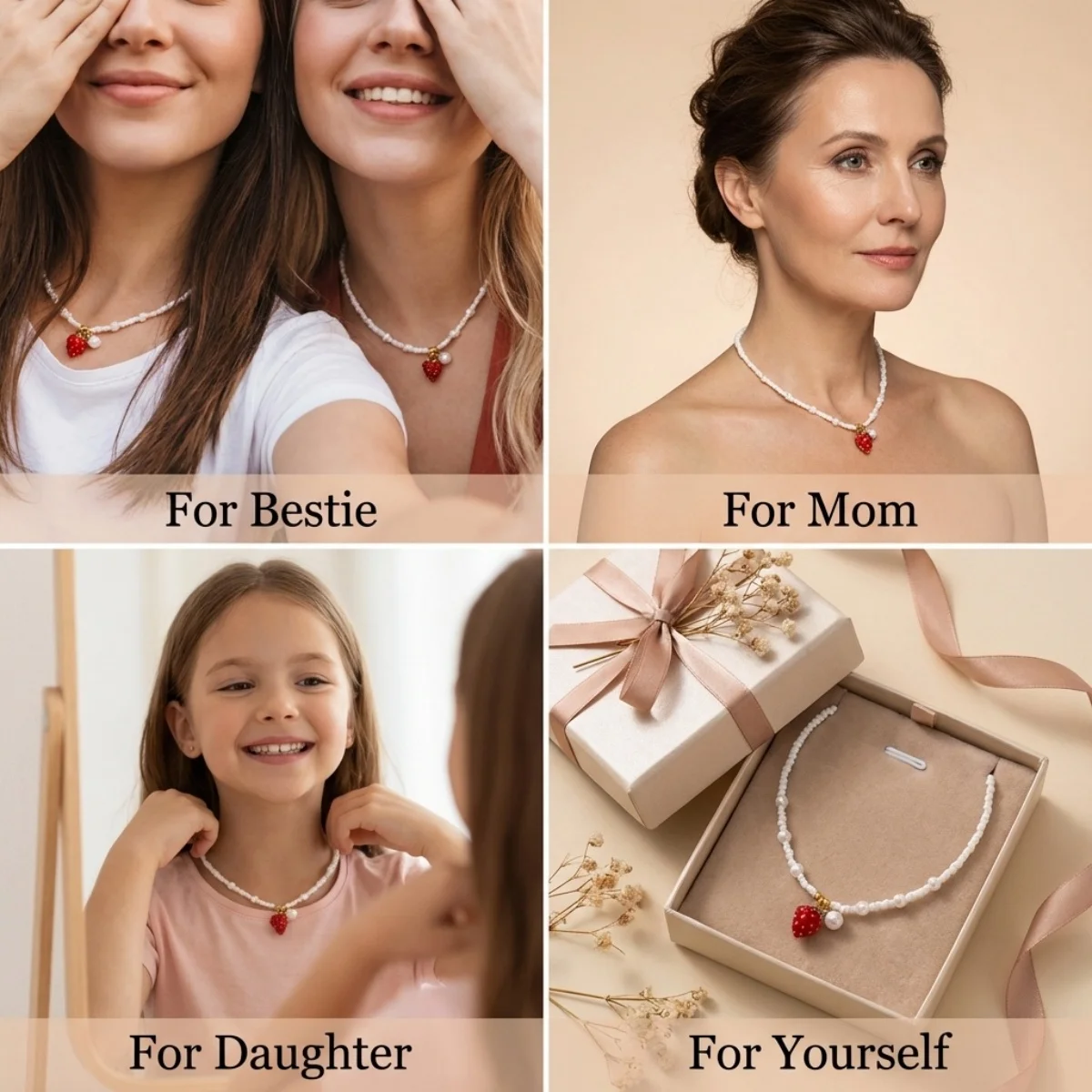 Reisperlen-Erdbeer-Anhänger-Halskette für Damen und Herren, süße, niedliche Kirsch-Herz-Schleifen-Quasten-Halskette, Y2K-Sommer-Modeschmuck – Detail 12