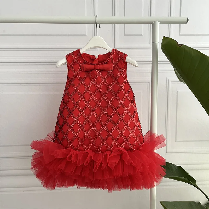 Girl Sets Sequined Red Mesh Tutu Vest Dress Satin Cute Baby Girl Princess Dress Solid Color Christmas girls' Formal Dress