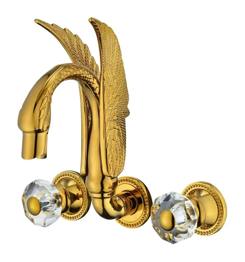 

High-end Luxury Titanium Gold Wall-mounted Bathroom Faucet Swan-inspired Artistic Design Basin mixer Tap Concealed Brass Crystal